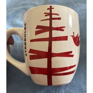 Starbucks Coffee Tea Mug Holiday Limited Ed. White & Red Abstract Tree Bird 2012